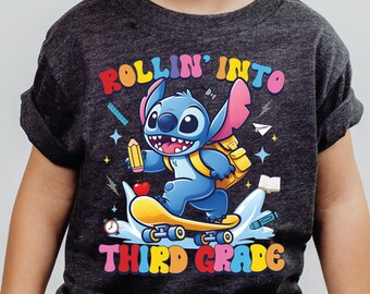 Custom Stitch Back To School Shirt, Stitch Rollin Into Thirt Grade Shirt, Stitch First Day Of School Shirt, Rollin Into Third Grade Kids Tee