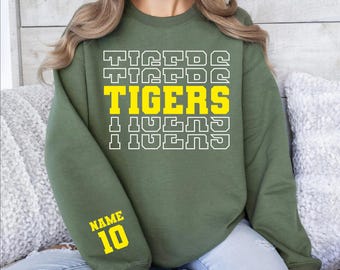 Sweat-shirt d'équipe personnalisé, sweat à capuche mascotte personnalisé, col rond de l'équipe préférée, pull esprit d'école, sweat à capuche Cheer, sweat-shirt imprimé sur les manches