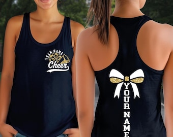 Dos nageur personnalisé avec nom de l'équipe Cheer, débardeur de pom-pom girl personnalisé, chemise imprimée recto-verso, débardeur Cheer Mom, t-shirt Cheer personnalisé
