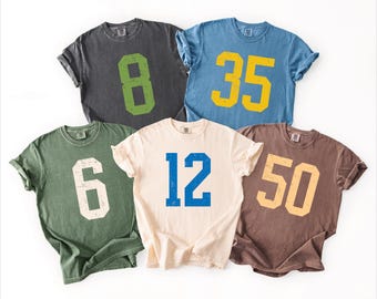 Custom Number Shirt: Comfort colors Personalized Number Adult Shirt, College Football School Number Kids Shirt, Birthday Shirt