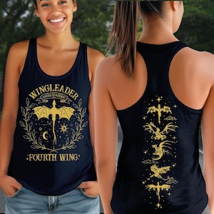 May include: Navy blue tank top with gold text and graphics. The front features the words "WINGLEADER RIDERS QUADRANT" and "FOURTH WING" surrounding a dragon illustration. The back displays several gold dragon designs.