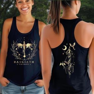 May include: Black tank top with a gold graphic design on the front and back. The front features a dragon, leaves, and the text "BASGIATH WAR COLLEGE". The back has a sword, books, a moon, and dragons.