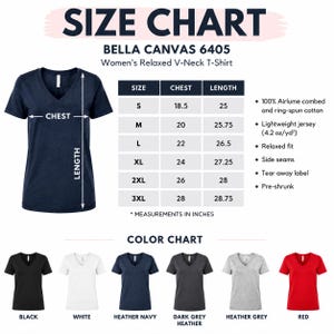 The image is a size chart for a women's relaxed V-neck t-shirt, featuring a variety of color options.