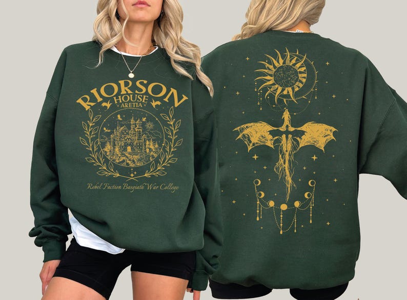 a woman wearing a green harry potter sweatshirt