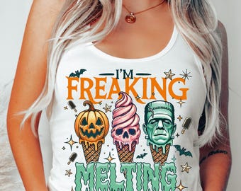 Freaking Melting Funny Halloween Racerback, Trendy Halloween Ice Cream Tank Top, Funny Spooky Season Vneck Shirt, Funny Fall Summer Shirt