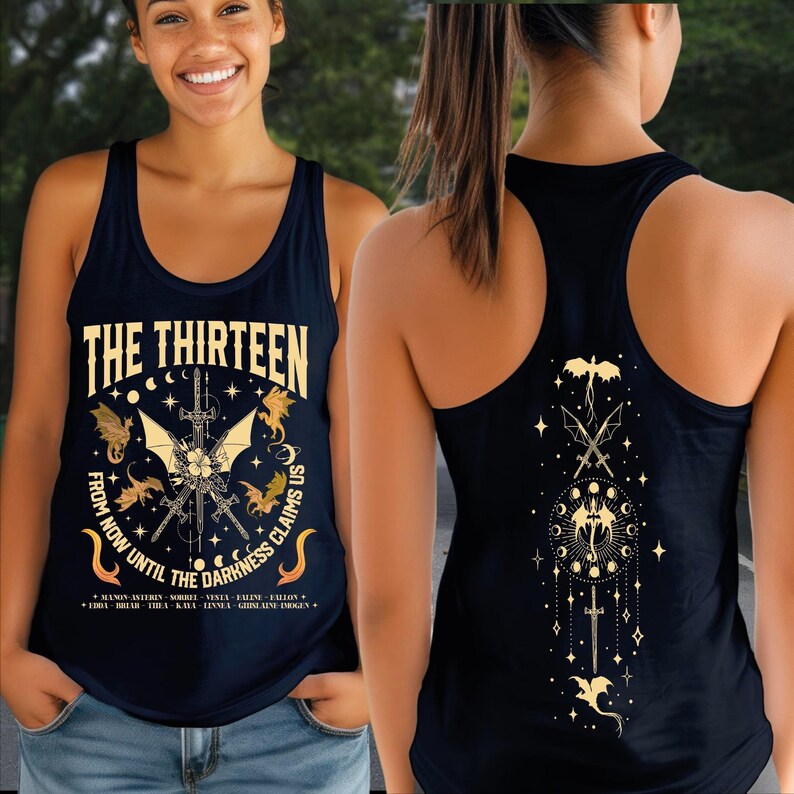 A woman wearing a black tank top with a graphic design on the front and back.