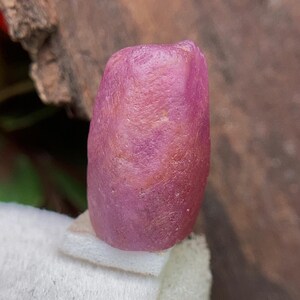 Op de afbeelding: Een ruwe, ongeslepen robijn edelsteen met een dieproze tint. De natuursteen heeft een getextureerd oppervlak en een langwerpige vorm. De robijn wordt gepresenteerd op een wit oppervlak met een vage natuurlijke achtergrond.