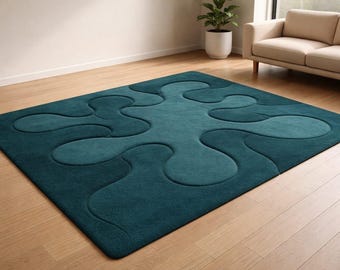 Alfombra esculpida en 3D color verde azulado / Alfombra tejida a mano color azul petróleo intenso