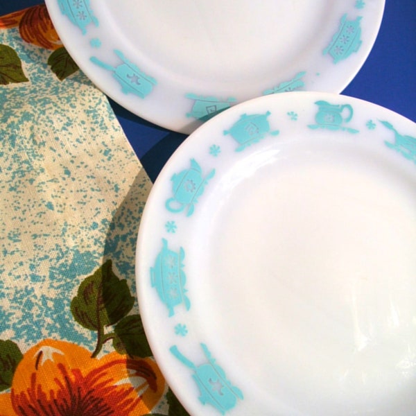 Hazel Atlas Kitchen Aids Dinner Plates--Turquoise--Midcentury--A Pair