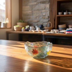 May include: A decorative glass bowl with a scalloped rim. The bowl has a textured, iridescent finish with painted red and yellow leaf designs. The bowl is sitting on a wooden table in a well-lit room.