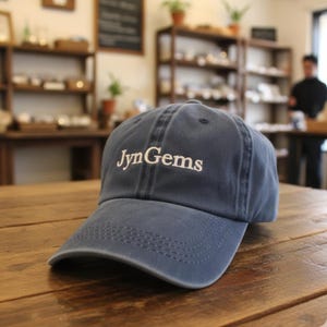 Può includere: Un cappellino da baseball blu navy con la scritta "Jyn Gems" ricamata in bianco. Il cappellino è appoggiato su una superficie di legno. Il cappellino ha una visiera curva e un classico design a sei pannelli.