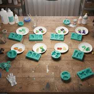 May include: A wooden table displays various teal silicone molds in vegetable shapes, alongside small white plates with colorful vegetable-shaped creations. Bottles, jars, and art supplies are also visible, suggesting a crafting or food art project.
