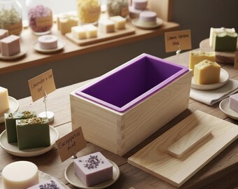 Kit de moldes de silicona para jabón (42 oz, caja de madera rectangular flexible, 600 ml) Incluye caja de madera