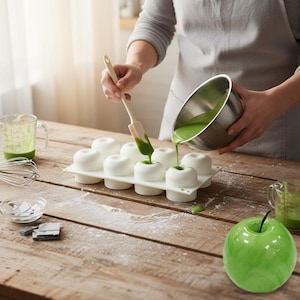May include: A person is shown pouring green liquid into white apple-shaped molds. A green apple sits on the wooden table. A spatula and a measuring cup with green liquid are also on the table. The scene suggests a baking or cooking activity.