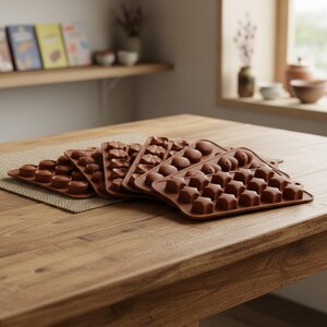 Peut inclure: Plusieurs moules en silicone marron, avec des formes variées telles que des étoiles, des coquillages et des fleurs, sont disposés sur une table en bois. Ces moules sont conçus pour la fabrication de chocolats ou de bonbons. L'arrière-plan comprend une étagère avec des livres et des objets décoratifs.