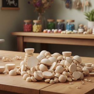 Puede incluir: Una colección de suministros de artesanía de madera sin terminar, que incluye medias esferas, cuencos y discos, se apila sobre una mesa de madera. Los tonos naturales de la madera crean una paleta neutra. En el fondo se ven tarros de cuentas de colores y otros materiales de artesanía.