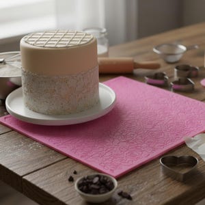 以下が含まれることがあります： 白いお皿に飾られたケーキ。ピンク色の花柄のマットの上に置かれています。ケーキの上部には格子模様、下部にはレースのような模様があります。背景にはベーキングツールと材料があります。