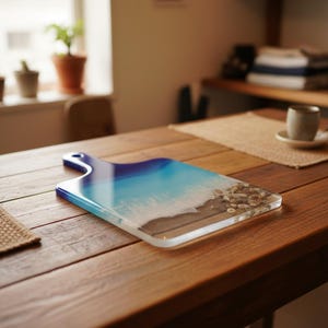 Puede incluir: Tabla de cortar rectangular con asa azul y diseño de playa. La tabla presenta un degradado de azul y blanco, que simula el océano, con una orilla arenosa y pequeñas piedras.