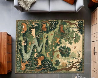 Whimsical Woodland Animal Tapestry Rug - Vintage Woodland Tapestry Style Area Rug, Fairytale Forest Scene with Lions, Deer, Horses & Rabbits