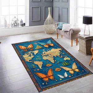Schmetterling Weltkarte Teppich für Kinder, Schmetterlingsteppich, Weltkarte Teppich, Bunter Teppich, Lernteppich, Reisekarte Dekor, Digitaldruck Teppich