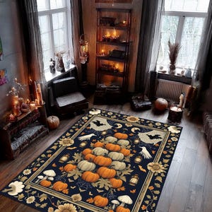 Gothic Pumpkin Rug, Vintage Fall Botanical Rug, Dark Autumn Halloween Decor Halloween Rug, Gotic Rug, Pumpkin Rug, Dark Aesthetic Decor