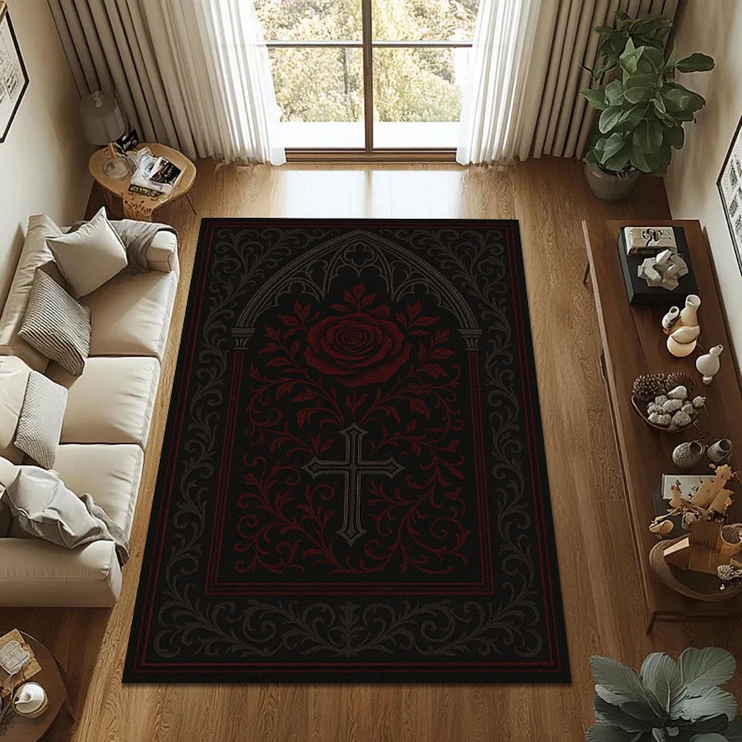 Cathedral Rug Gothic Rose and Cross Rug,dark Medieval Rug,gothic Cathedral Style Home ...