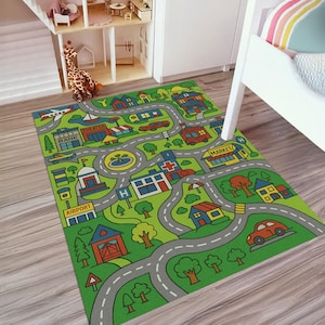 Educatief kleurrijk wegspeelkleed voor kinderen, tapijt met digitale print, autowegtapijt, kinderkamerinrichting, kleurrijke wegmat, speelkamerinrichting, tapijt jongenskamer