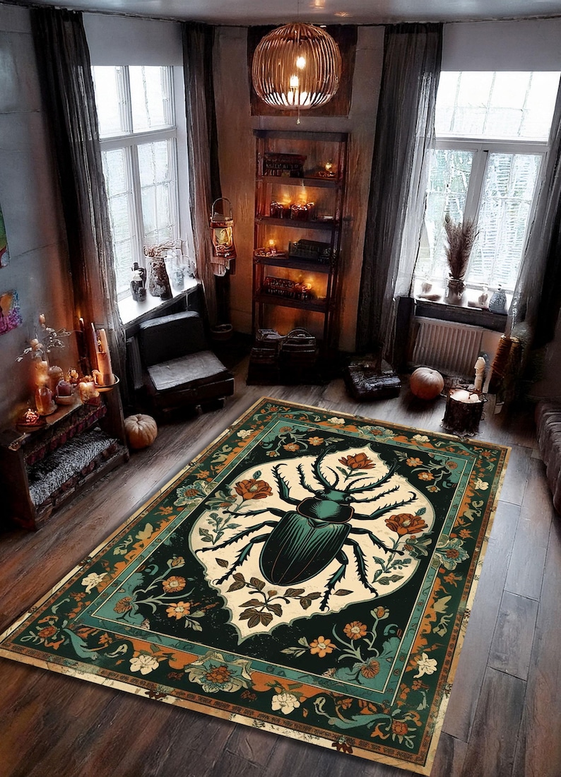 Vintage Stag Beetle Rug, Botanical Pattern Rug, Boho Persian Style Bug ...