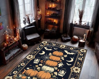 Gothic Pumpkin Tapestry Rug, Vintage Fall Botanical Rug, Dark Autumn Halloween Decor Halloween Rug, Gotic Rug, Dark Aesthetic Decor