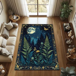 Mystical Forest Moon Rug,Vintage Botanical Night Tapestry with Ferns,Stars, and Moth,Witchcore Fairycore Aesthetic Decor,Botanical Rug