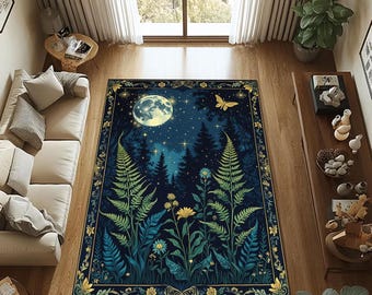 Mystical Forest Moon Rug,Vintage Botanical Night Tapestry with Ferns,Stars, and Moth,Witchcore Fairycore Aesthetic Decor,Botanical Rug