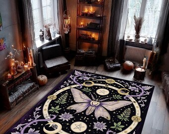 Mystic Moth Tapestry Rug,Witchcore Purple Butterfly Rug with Moon Phases,Pentagram Symbols&Magical Floral Vintage Art,Gothic Rug,Animal Rug