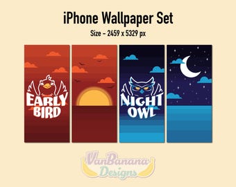 iPhone Wallpaper Set - Early Bird and Night Owl Phone Backgrounds, Bird Illustration