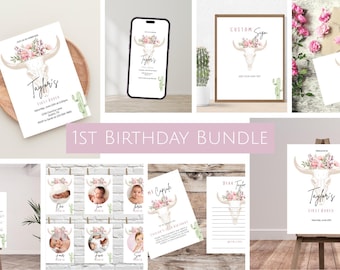 First Rodeo Birthday Bundle, Cowgirl 1st Birthday Invite, First Rodeo Invitation Printable, Decor, Digital, Editable, 1st Birthday Girl