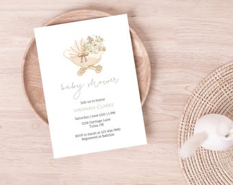 Uitnodiging babyshower babywagen, kinderwagen babyshower uitnodigen, vervoer uitnodiging afdrukbaar, digitaal, bewerkbaar, neutraal babyshower