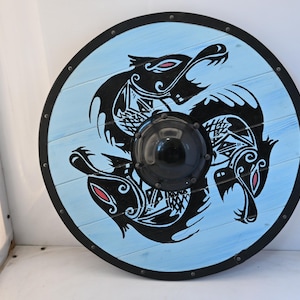 Bouclier viking en bois - Design loup nordique peint Bouclier rond GN Cosplay Armure Déco guerrier médiéval Bouclier artisanal mural Art déco