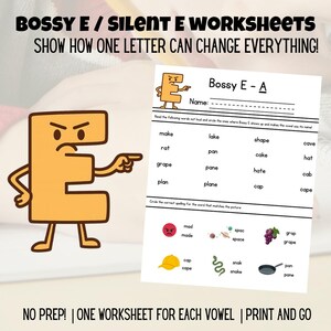 May include: Educational worksheet titled "Bossy E - A" with word exercises and illustrations. The image features a cartoon "Bossy E" character and the text "SHOW HOW ONE LETTER CAN CHANGE EVERYTHING!" and "NO PREP! | ONE WORKSHEET FOR EACH VOWEL | PRINT AND GO".