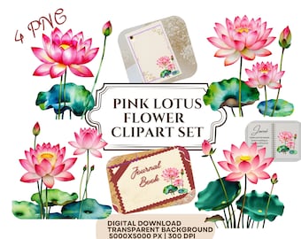 Set di clipart di fiori di loto ad acquerello: fiore rosa PNG (download digitale)