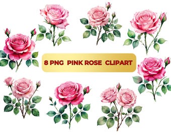 Pink Rose aquarel clipartset: bloemen png-afbeeldingen (digitale download)