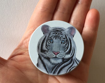 Petite boite ronde Tigre Blanc avec ou sans fleurs, boite à bonbons, cendrier de poche