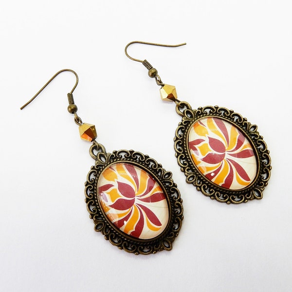 Lotus red orange and gold dangling earrings