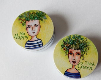 Small round box Think Green or Be Happy, candy box, pocket ashtray, pill box