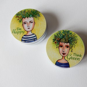 Petite boite ronde Think Green ou Be Happy, boite à bonbons, cendrier de poche, boite à pilules