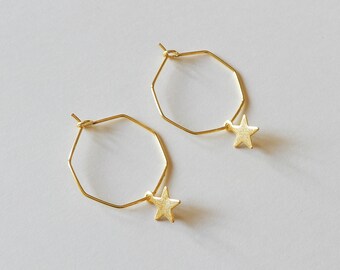 24K Gold Plated Hoop Earrings with Star Pendants
