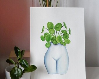 Illustration Originale à l'Aquarelle vase et Pilea pour décoration murale