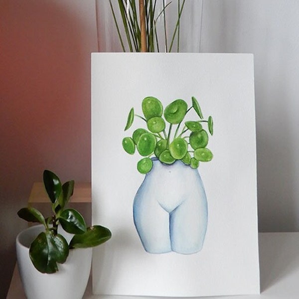 Illustration Originale à l'Aquarelle vase et Pilea pour décoration murale