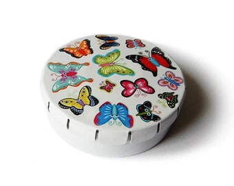 Metallic Clic-Clac Box Illustrated Butterflies Candy Pill Box Pocket Ashtray