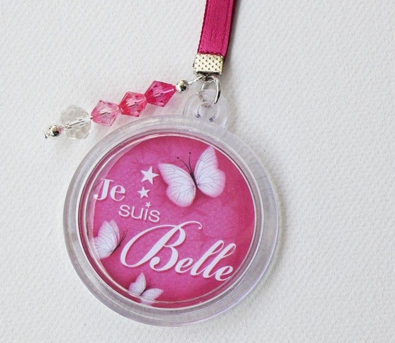 Porte-clés fille Je suis belle rose, accessoire pour les filles, papillon, message, cadeau femme, déco perles image 2