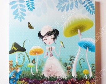 Drawing printed on Table Mushroom forest girl wall decoration