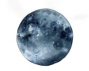 Illustration à l'aquarelle pour décoration murale Lune bleue